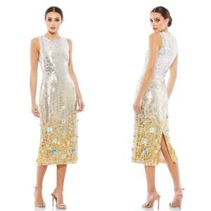 Mac Duggal High Neck Full Sequin Midi Dress/Gown Silver/Gold Applique Size 0